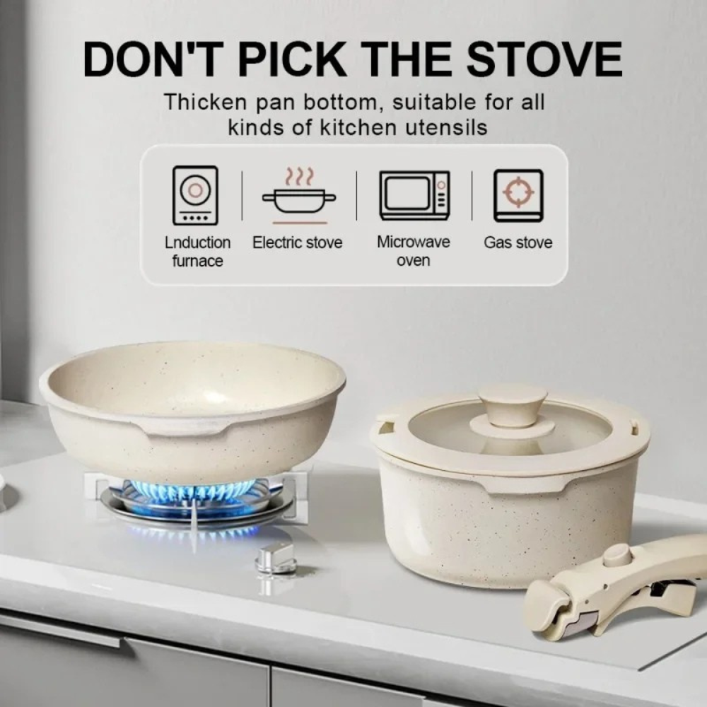 Cookware Set 5 Piece Removable Handle Non Stick Aluminium Pots and Pans Set - White