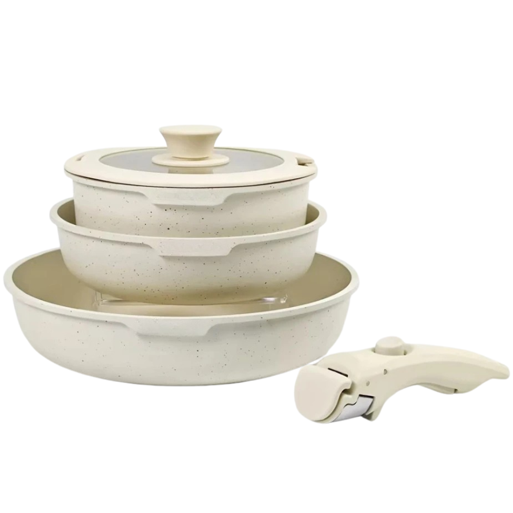 Cookware Set 5 Piece Removable Handle Non Stick Aluminium Pots and Pans Set - White