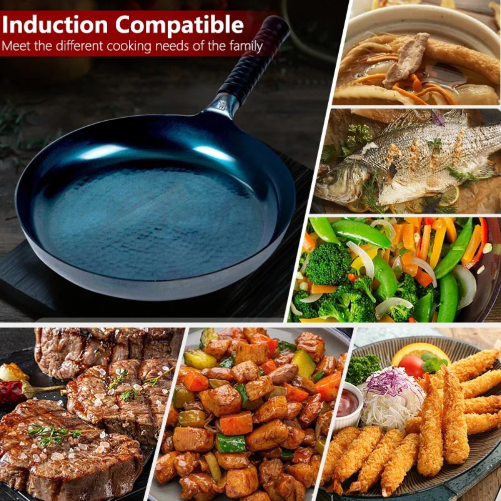 Iron Frying Pan 30cm Traditional Hammered Hand Forged Induction Compatible