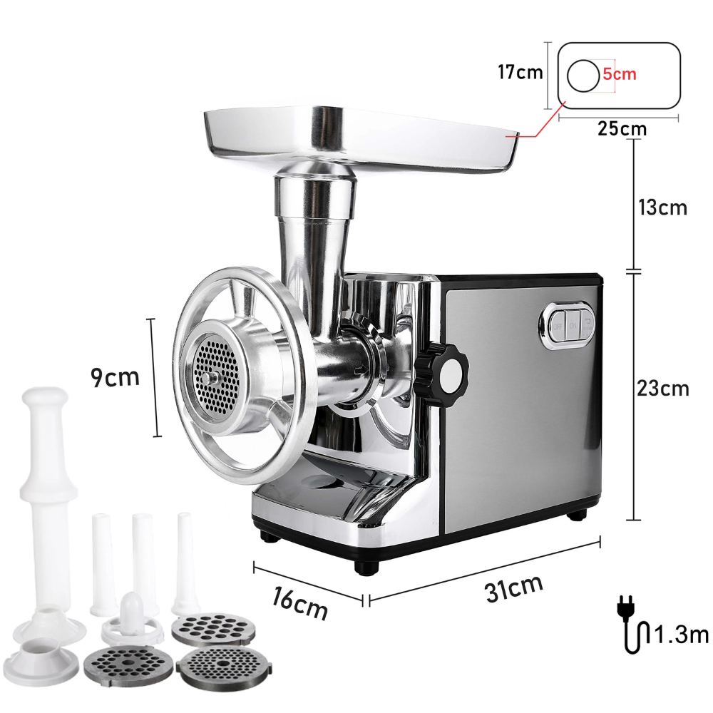 Electric Meat Mincer 3000W Heavy Duty Food Processor Sausage Stuffer Set – Silver