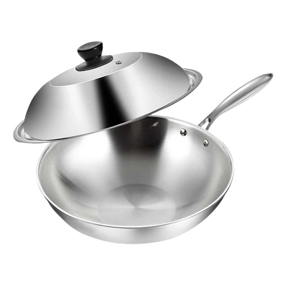 Wok 30cm Tri-Ply Stainless Steel Stir Fry Cooking Pan Glass Lid – Silver