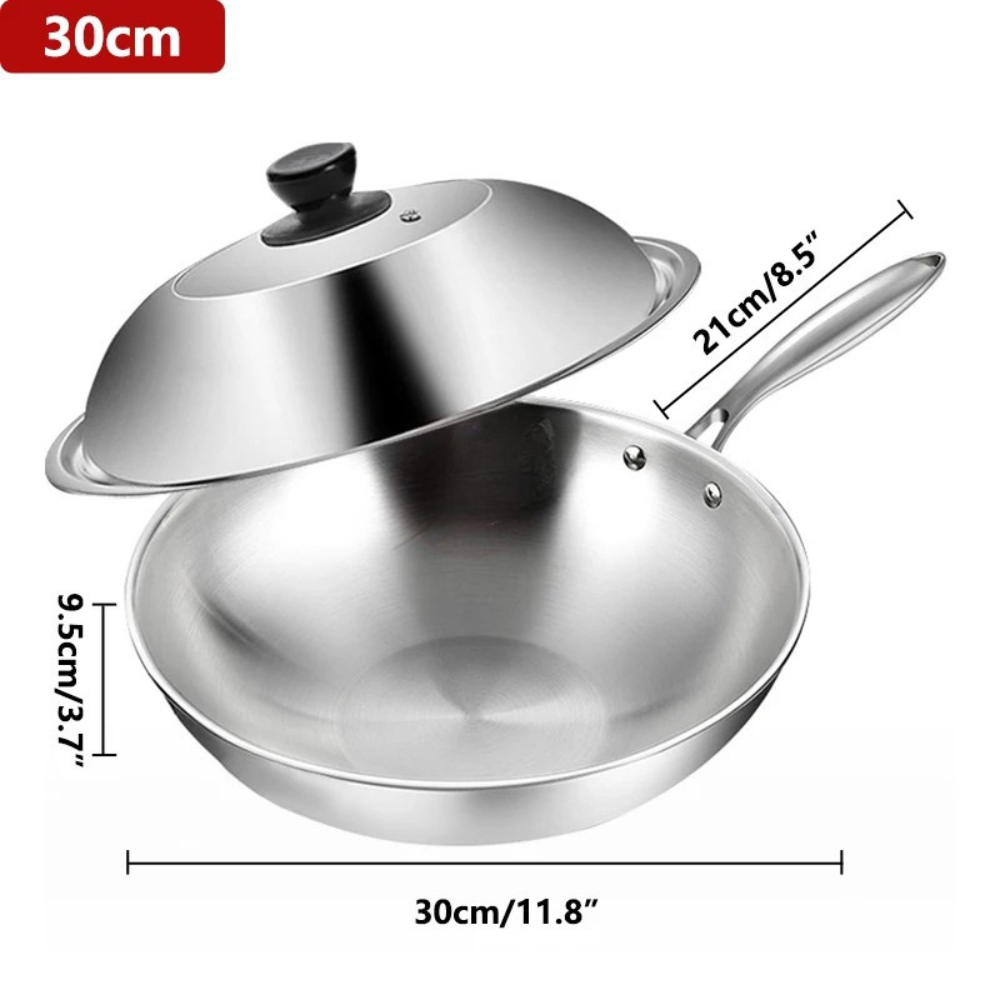 Wok 30cm Tri-Ply Stainless Steel Stir Fry Cooking Pan Glass Lid – Silver