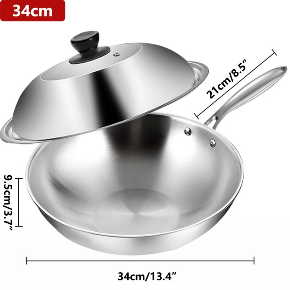 Wok 34cm Tri-Ply Stainless Steel Stir Fry Cooking Pan Glass Lid