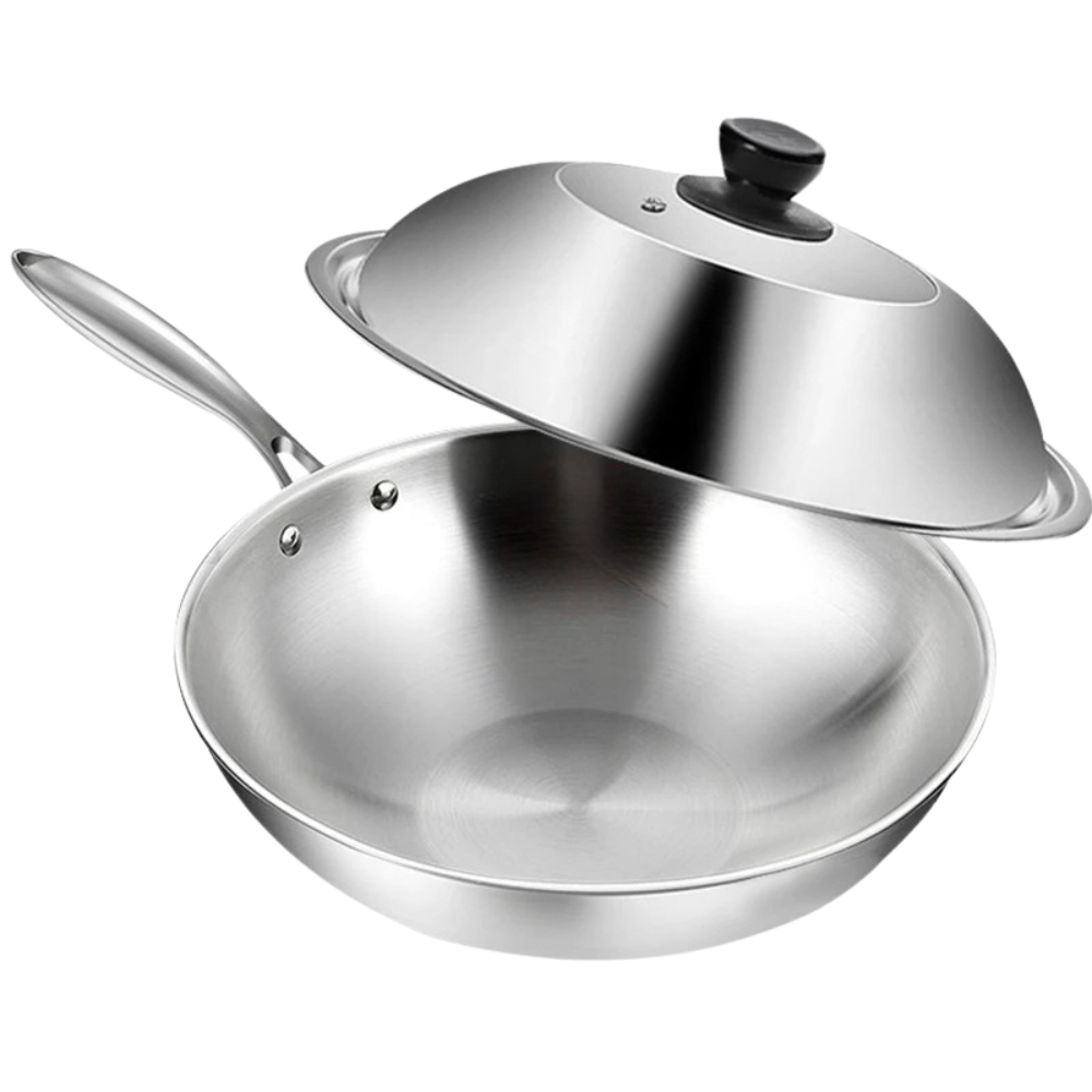 Wok 34cm Tri-Ply Stainless Steel Stir Fry Cooking Pan Glass Lid