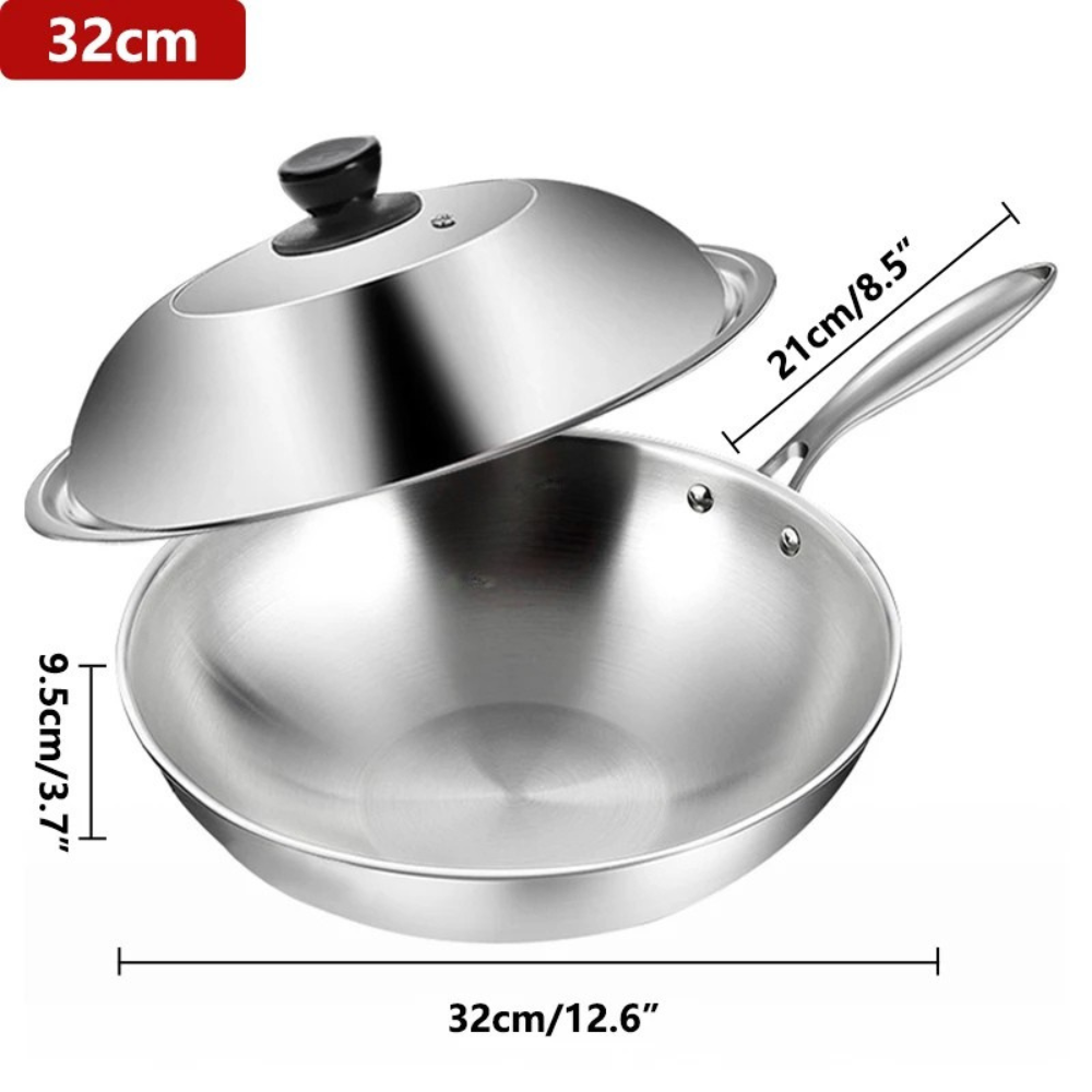 Wok 32cm Tri-Ply Stainless Steel Stir Fry Cooking Pan Glass Lid