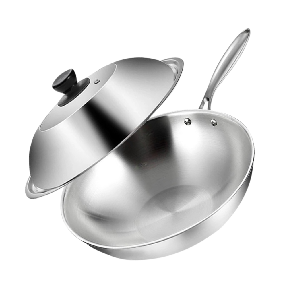 Wok 32cm Tri-Ply Stainless Steel Stir Fry Cooking Pan Glass Lid