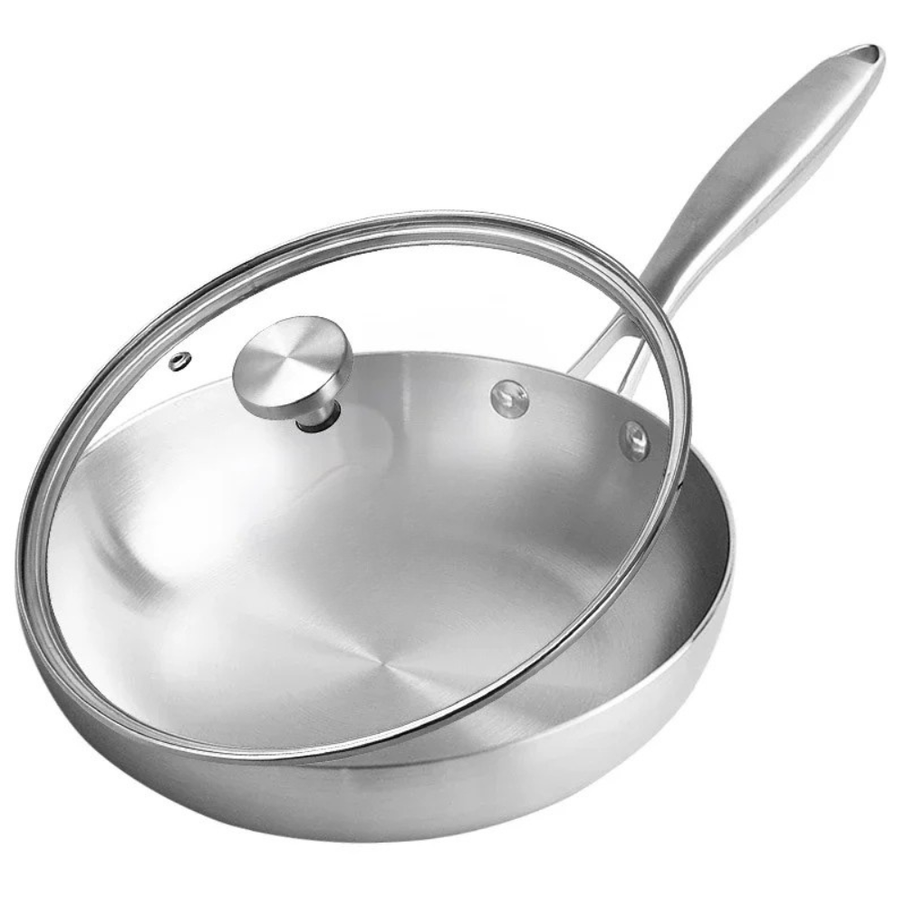 Frying Pan 28cm Tri-Ply Stainless Steel Chef Cooking Pan Glass Lid
