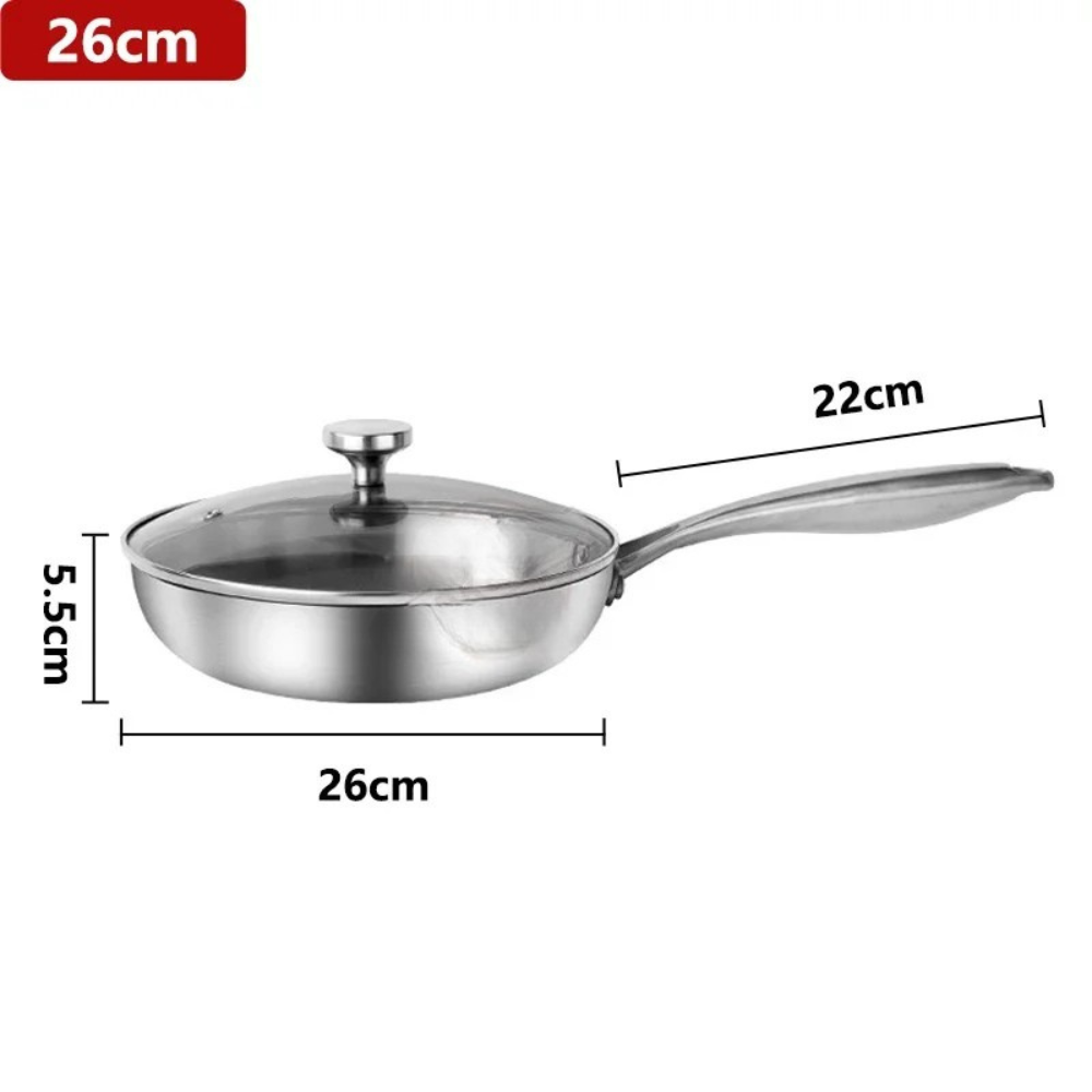 Frying Pan 26cm Tri-Ply Stainless Steel Chef Cooking Pan Glass Lid