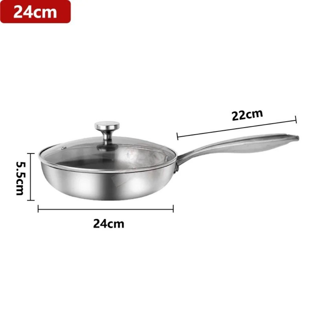 Frying Pan 28cm Tri-Ply Stainless Steel Chef Cooking Pan Glass Lid