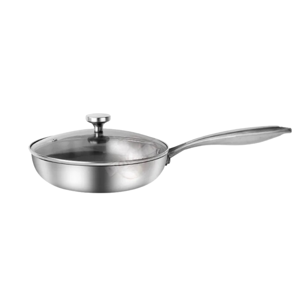 Frying Pan 28cm Stainless Steel Tri-Ply Induction Compatible Skillet with Glass Lid