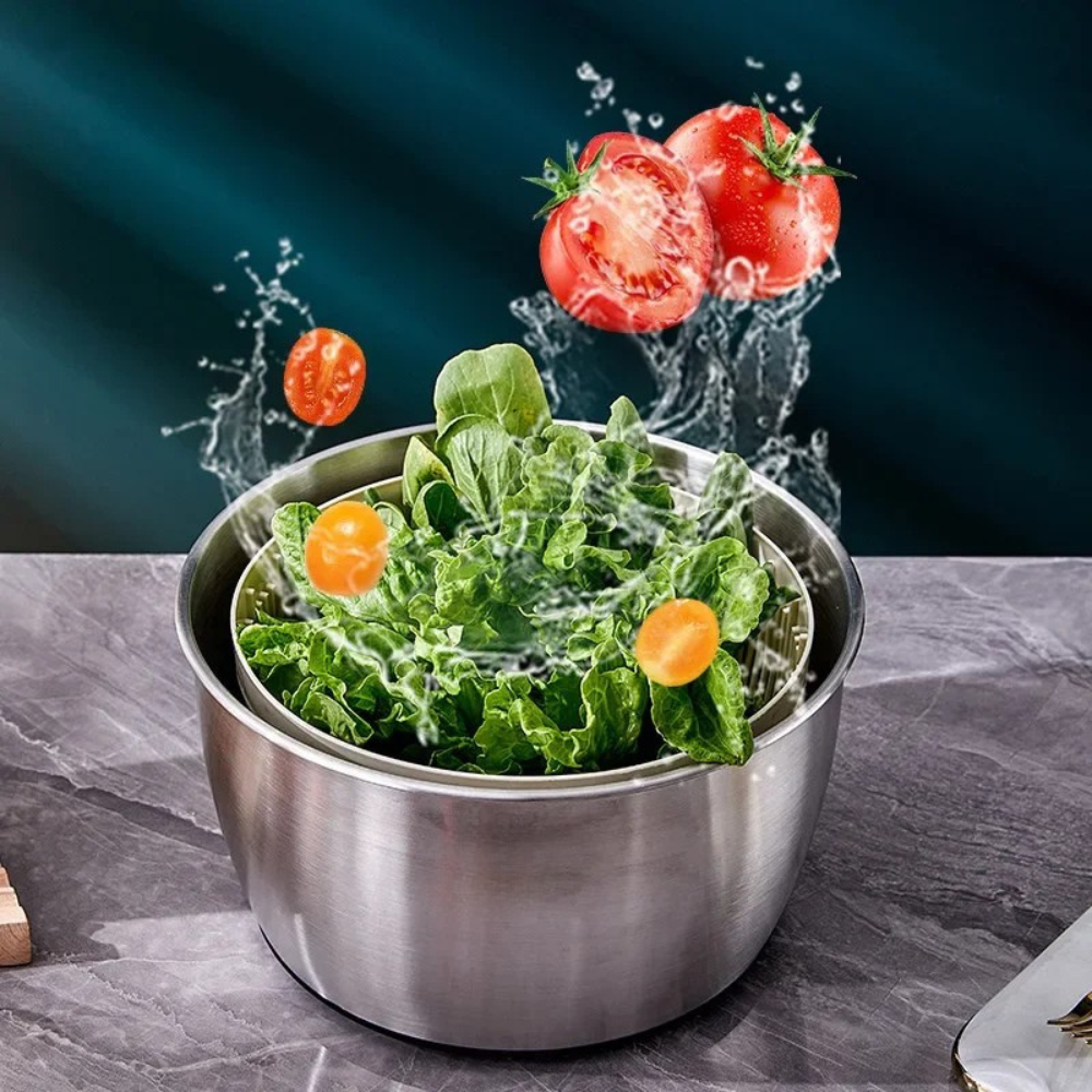 Salad Spinner 6L Stainless Steel Manual Vegetable Dryer Strainer Bowl – Silver