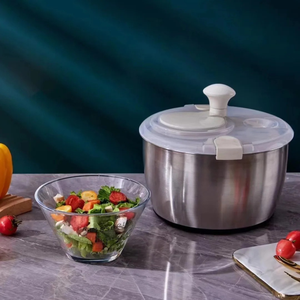Salad Spinner 6L Stainless Steel Manual Vegetable Dryer Strainer Bowl – Silver