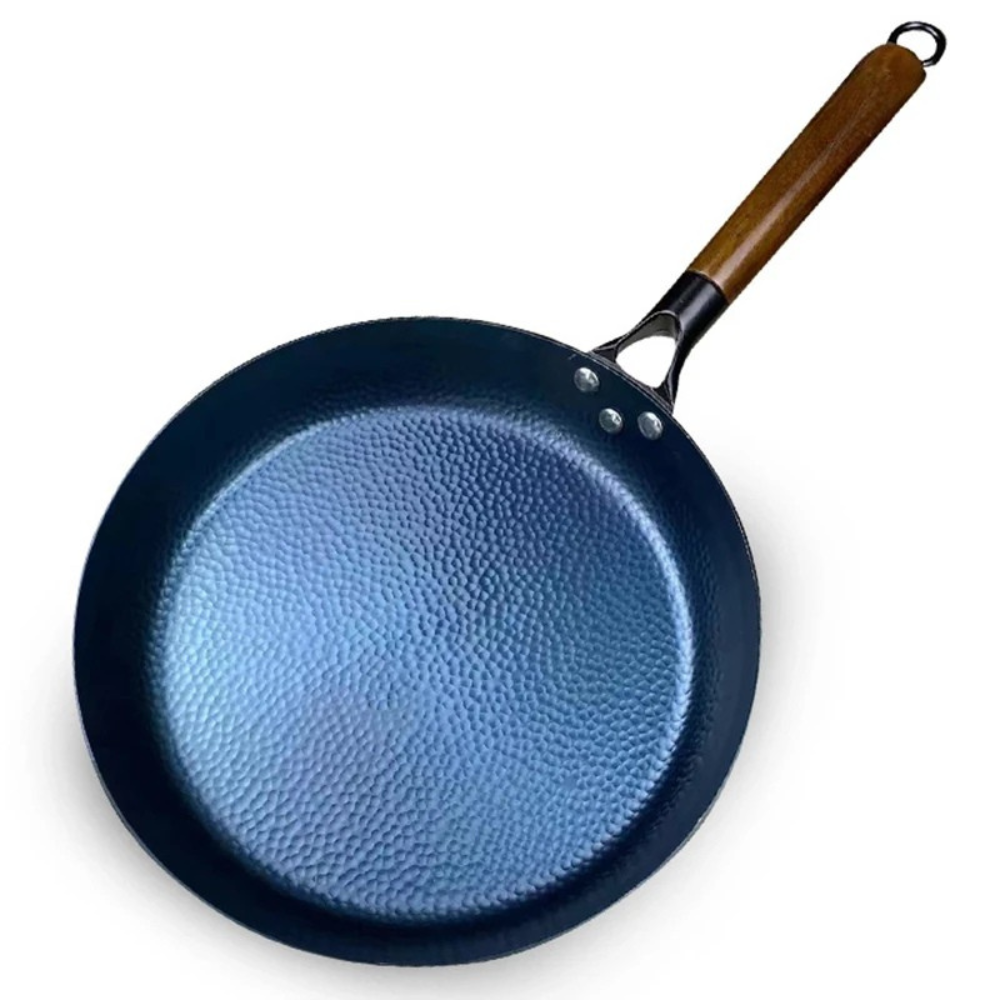 Iron Frying Pan 30cm Hand Hammered Round Bottom Induction Compatible – Blue