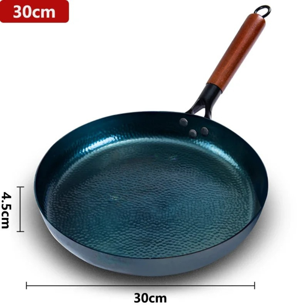 Iron Frying Pan 30cm Hand Hammered Round Bottom Induction Compatible – Blue