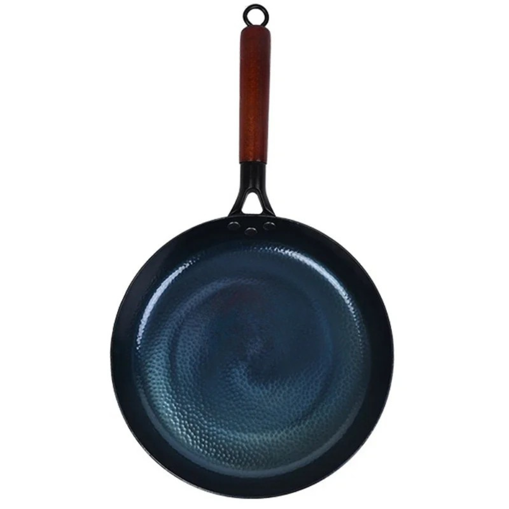 Iron Frying Pan 30cm Hand Hammered Round Bottom Induction Compatible – Blue