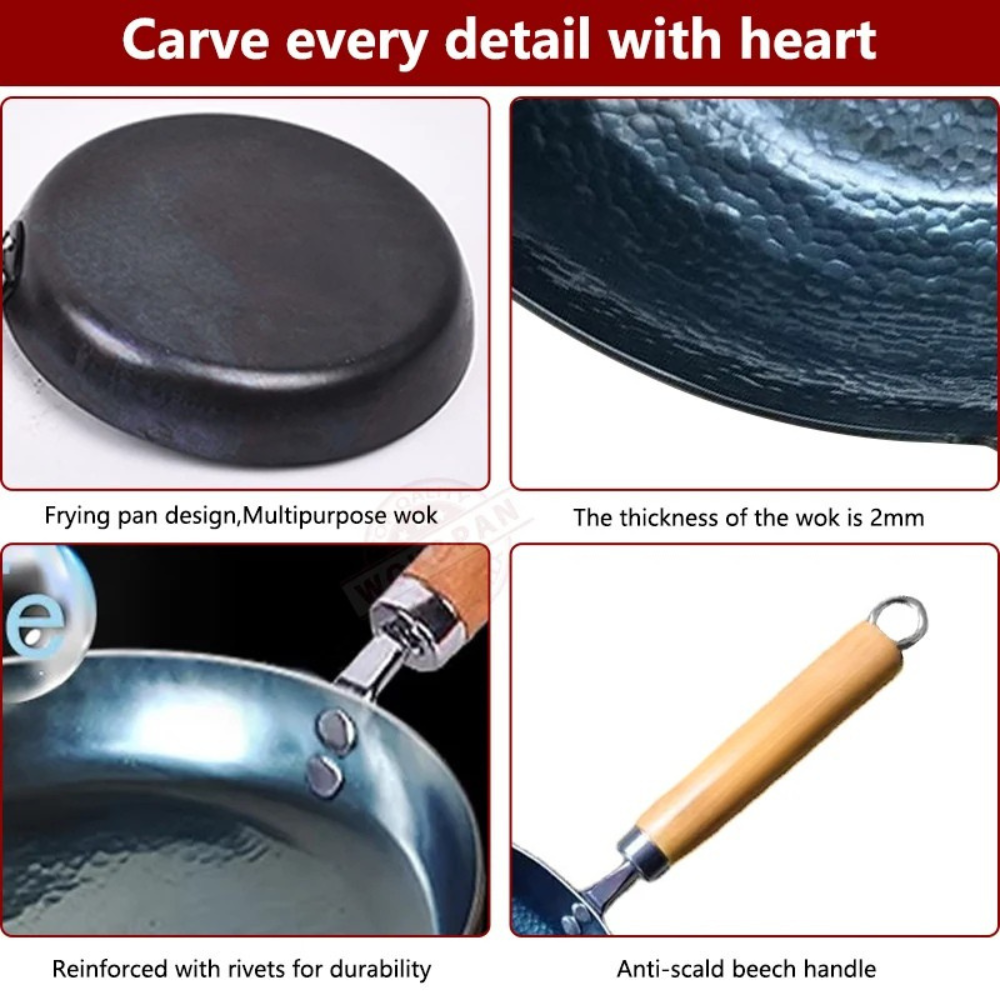 Iron Frying Pan 28cm Hand Hammered Uncoated Induction Compatible Skillet