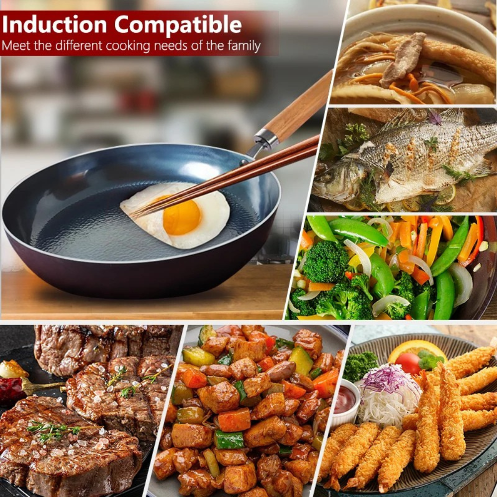 Iron Frying Pan 28cm Hand Hammered Uncoated Induction Compatible Skillet