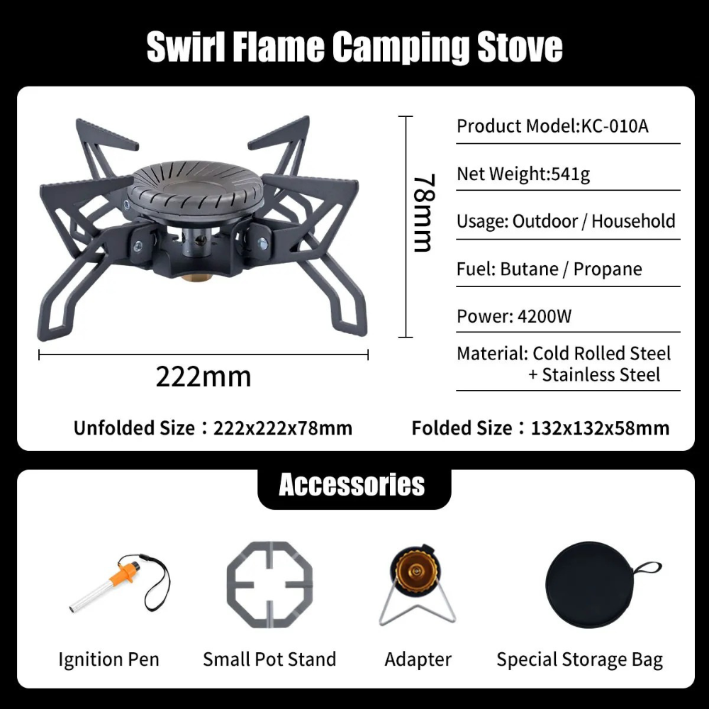 Camping Stove 4200W Gas Burner Swirl Flame Portable Windproof Cooker – Matte Black
