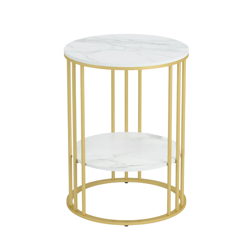Side Table 40cm Round Marble Look Sintered Stone Top Metal Frame – Gold and White