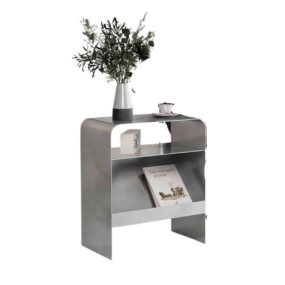Side Table Iron Frame Built In Storage Rack Compact Bedside Table – Silver