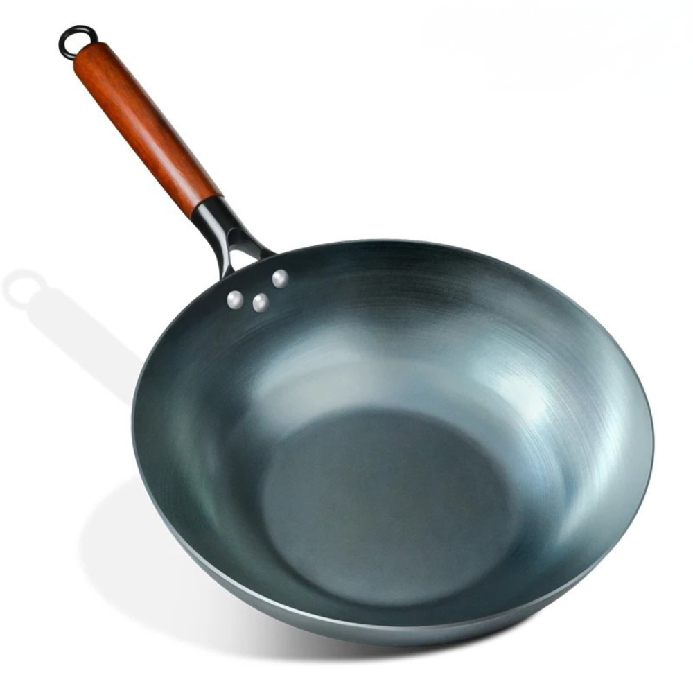 Carbon Steel Wok Pan 32cm Flat Bottom Stir Fry Cookware Beech Wood Handle