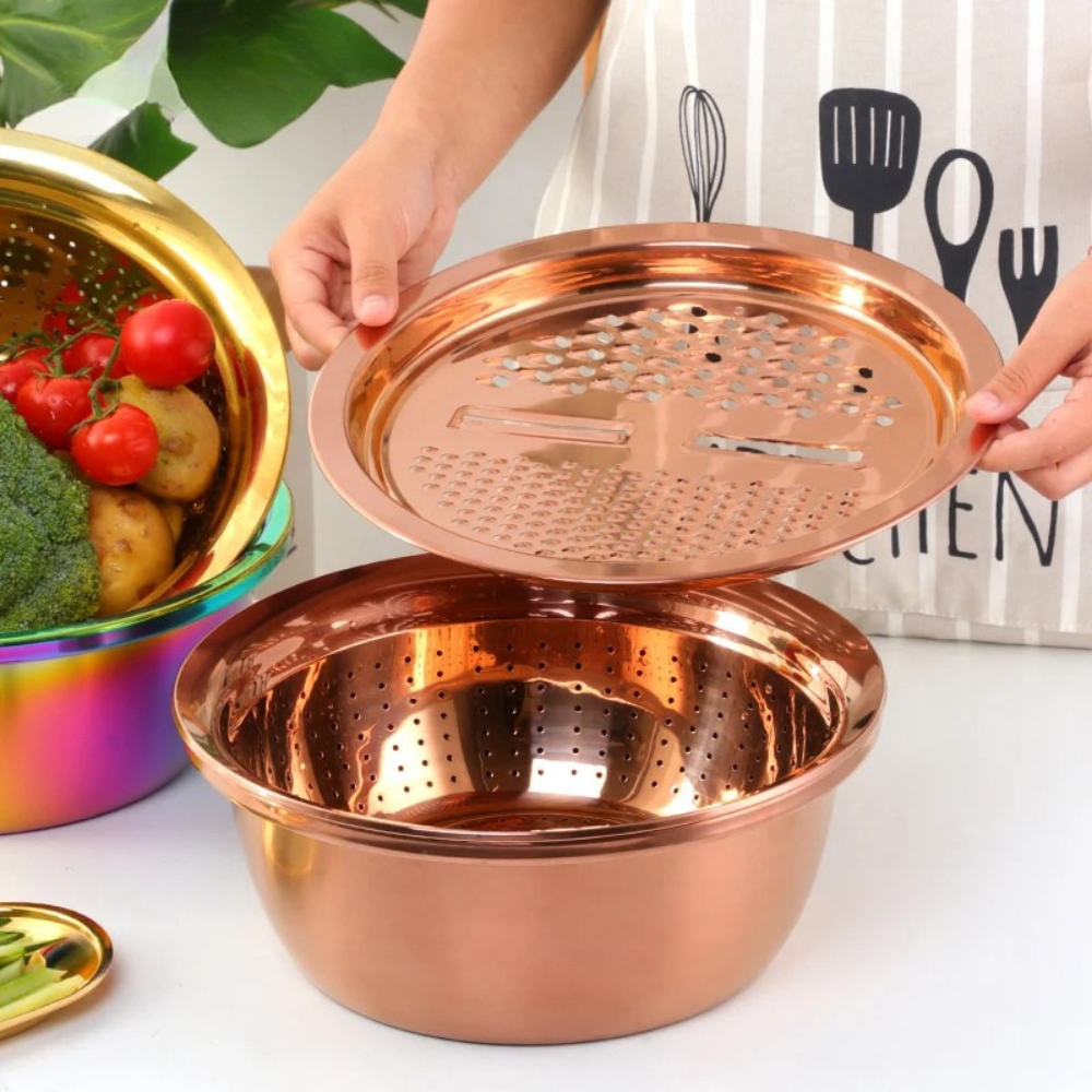 5 in 1 Kitchen Tool Stainless Steel Vegetable Slicer Grater Drain Bowl Set -  Rainbow