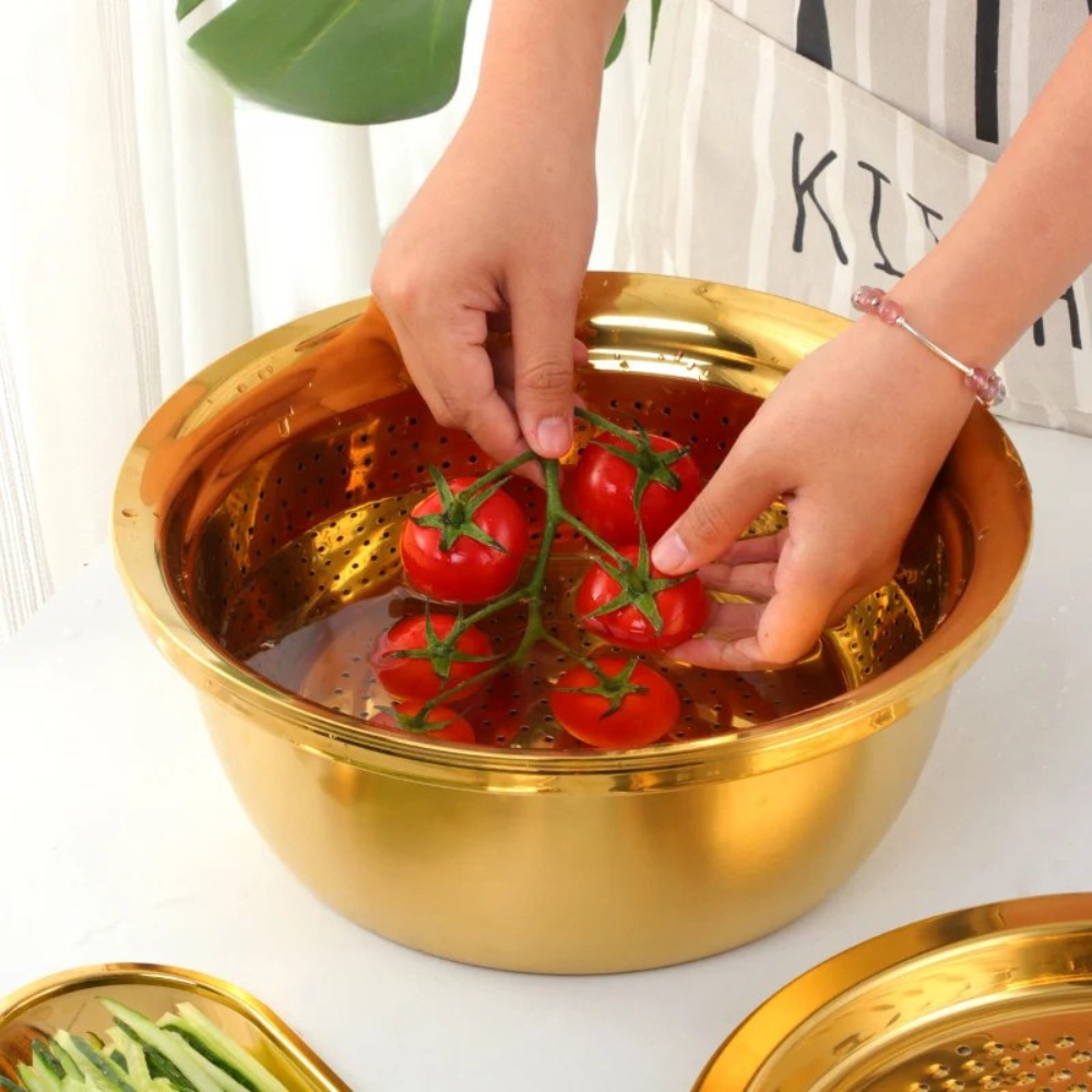 5 in 1 Kitchen Tool Stainless Steel Vegetable Slicer Grater Drain Bowl Set -  Rainbow
