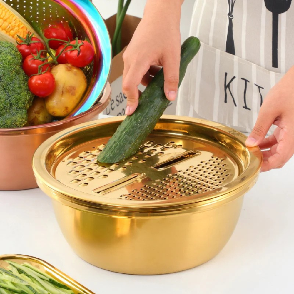 5 in 1 Kitchen Tool Stainless Steel Vegetable Slicer Grater Drain Bowl Set -  Rainbow