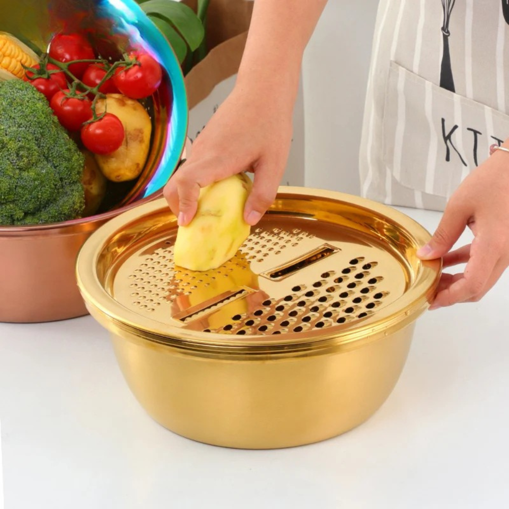 5 in 1 Kitchen Tool Stainless Steel Vegetable Slicer Grater Drain Bowl Set -  Rainbow
