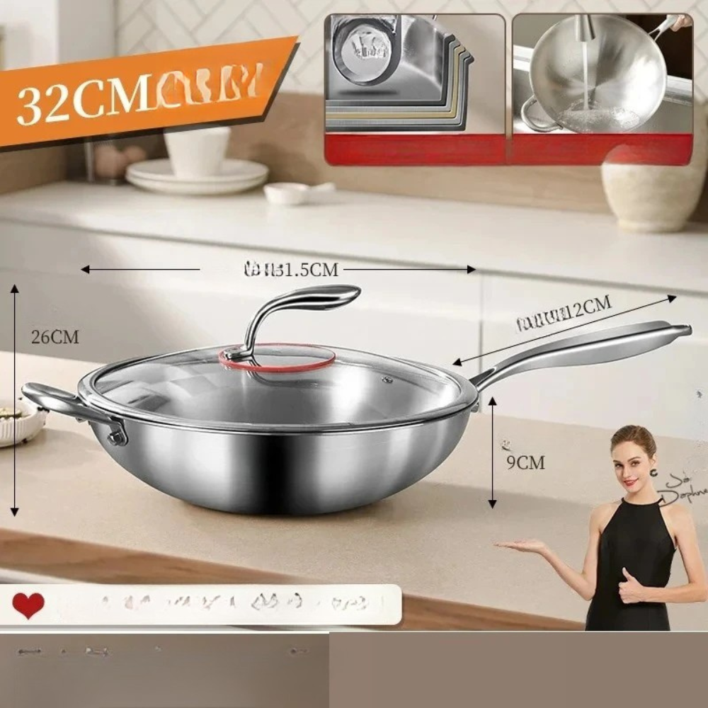 Wok Pan 32cm 316 Stainless Steel Round Bottom Stir Fry Cookware with Glass Lid