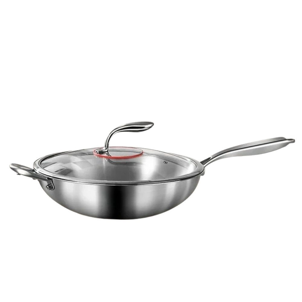 Wok Pan 32cm 316 Stainless Steel Round Bottom Stir Fry Cookware with Glass Lid