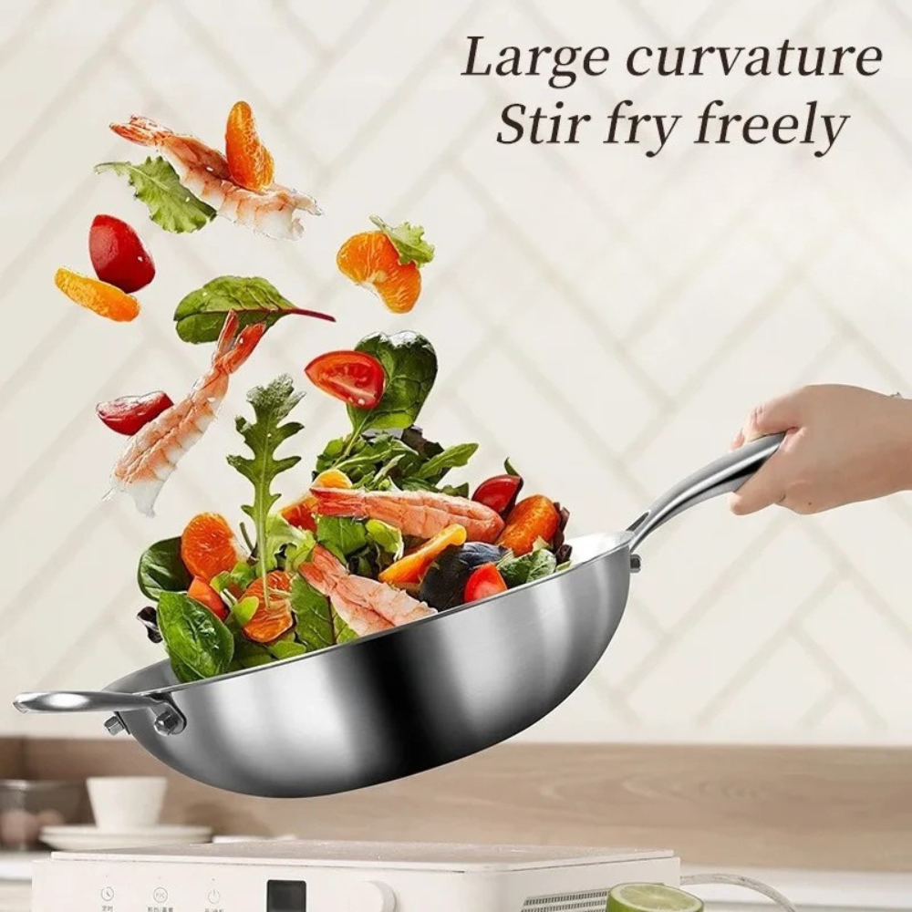 Wok Pan 32cm 316 Stainless Steel Round Bottom Stir Fry Cookware with Glass Lid