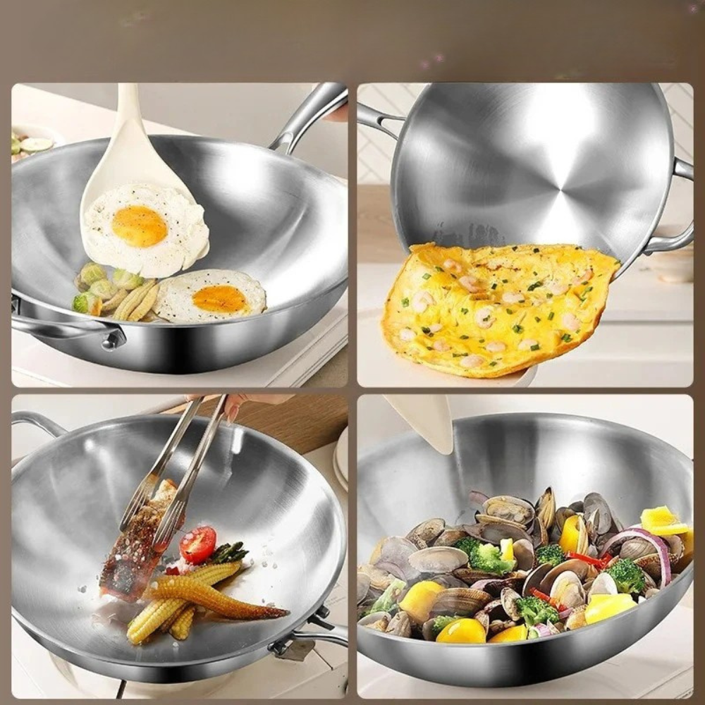 Wok Pan 36cm 316 Stainless Steel Round Bottom Stir Fry Cookware with Glass Lid