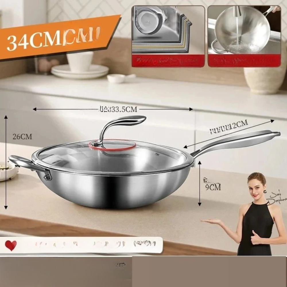 Wok Pan 34cm 316 Stainless Steel Round Bottom Stir Fry Cookware with Glass Lid