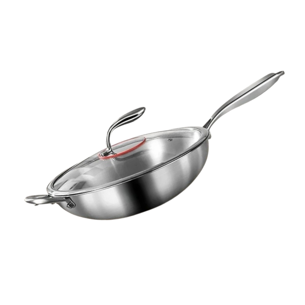 Wok Pan 34cm 316 Stainless Steel Round Bottom Stir Fry Cookware with Glass Lid