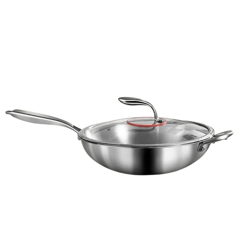 Wok Pan 36cm 316 Stainless Steel Round Bottom Stir Fry Cookware with Glass Lid
