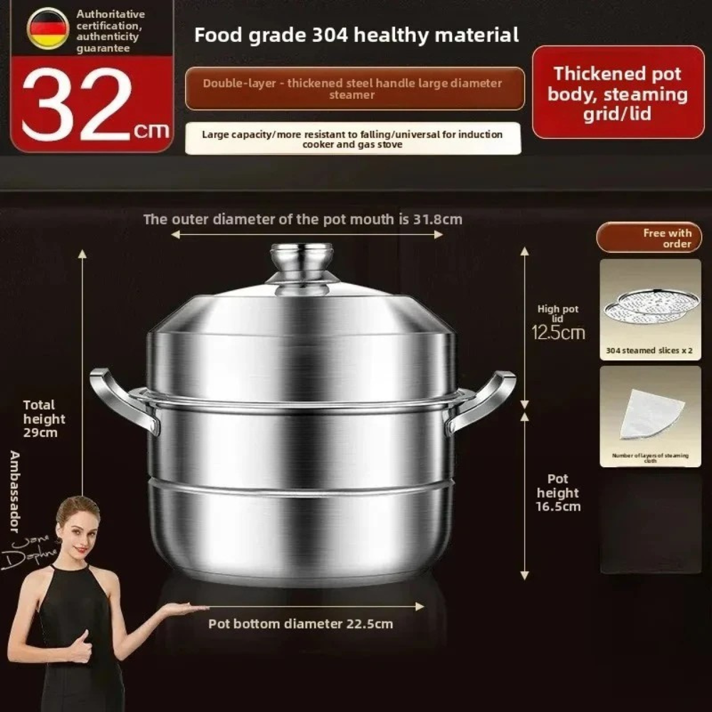 Food Steamer 32cm 304 Stainless Steel Multi Layer Cooking Pot with Lid
