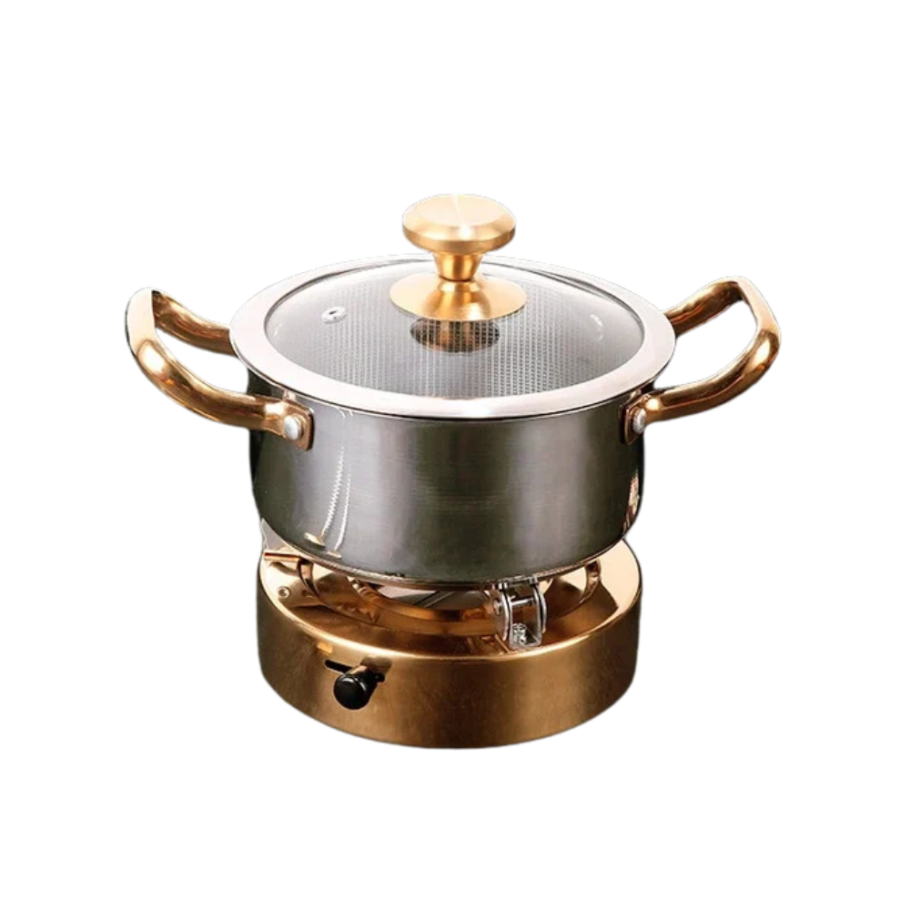 Hot Pot Set 20cm Stainless Steel Soup Pot with Heating Stove and Glass Lid