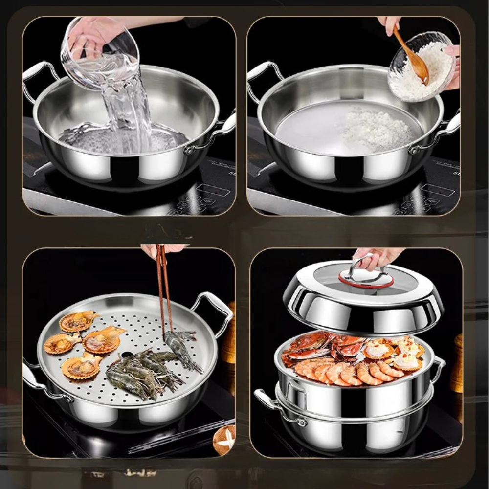 Steam Pot 32cm 316 Stainless Steel Double Layer Seafood Steamer Hot Pot with Lid