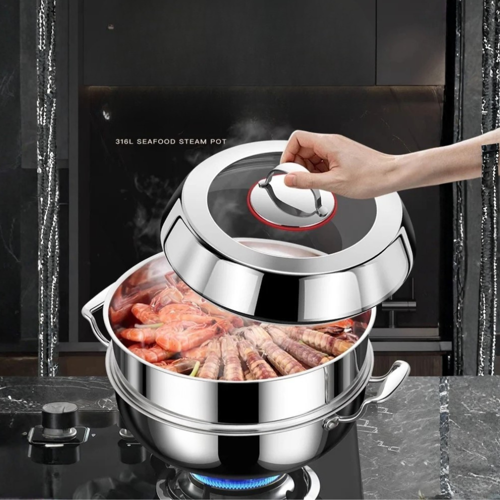 Steam Pot 32cm Double Layer 316 Stainless Steel Seafood Steamer Cookware with Lid