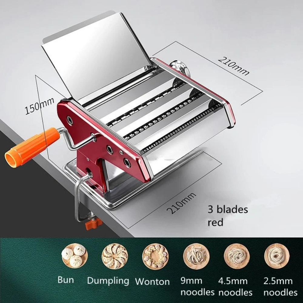 Manual Pasta Maker 3 Blade Stainless Steel Noodle Roller Machine with Adjustable Thickness – Red