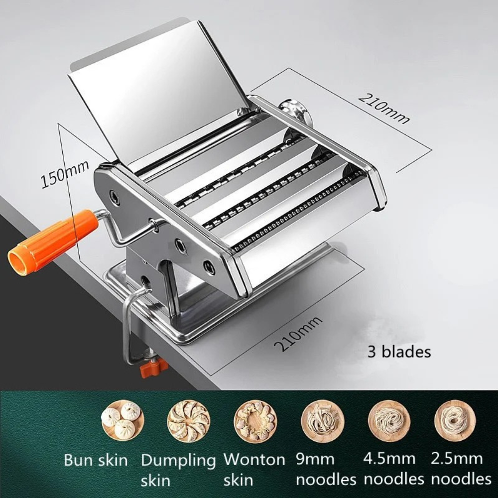 Manual Pasta Maker 3 Blade Stainless Steel Noodle Dough Roller Machine with Adjustable Thickness – Silver