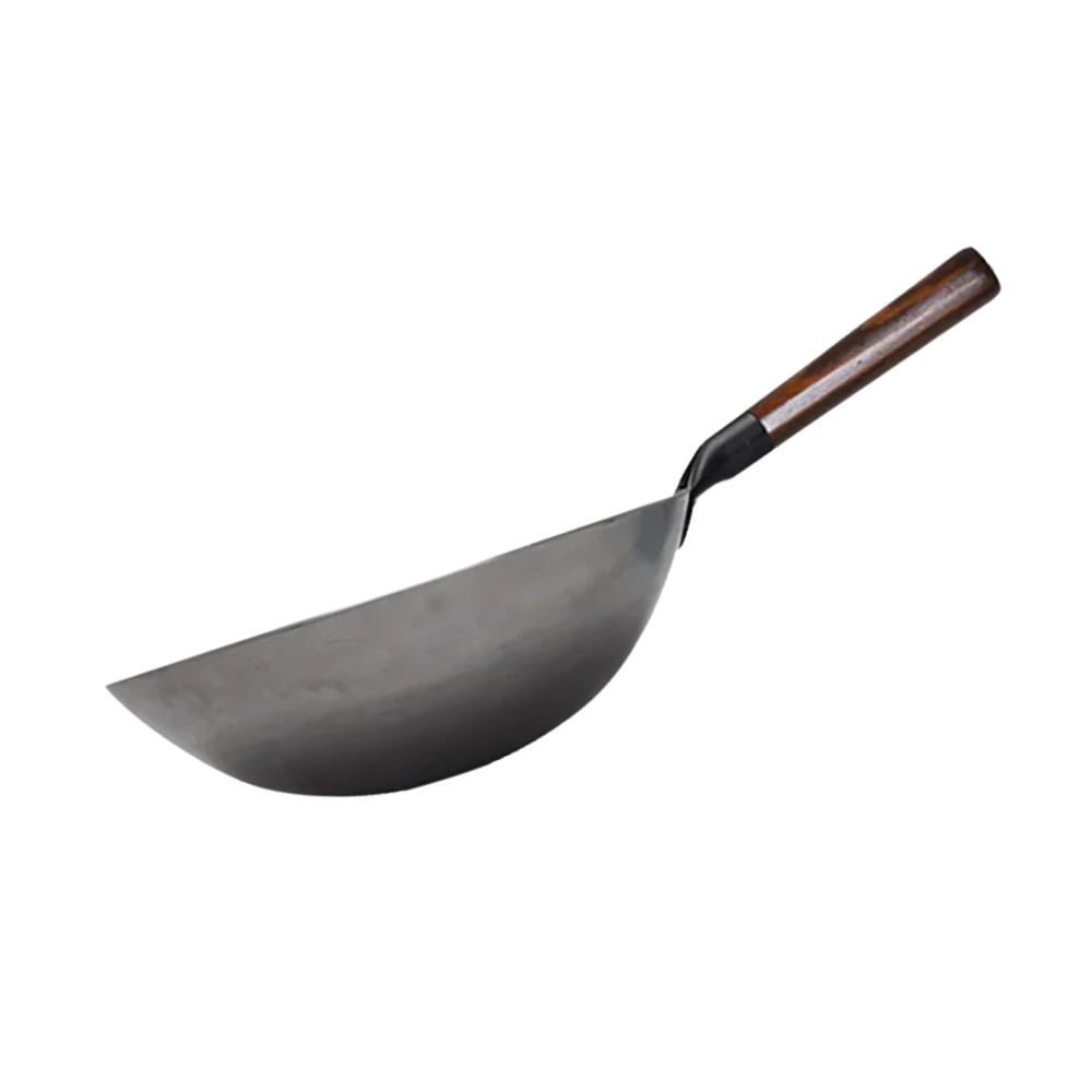 Hand Hammered Carbon Steel Wok 34cm Non-Coated Stir Fry Pan with Wooden Handle