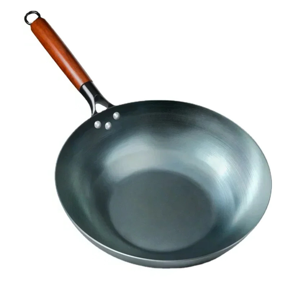 Flat Bottom Blue Iron Wok Pan 32cm Traditional Non-Coated Stir Fry Pan for Gas and Induction Cooktops