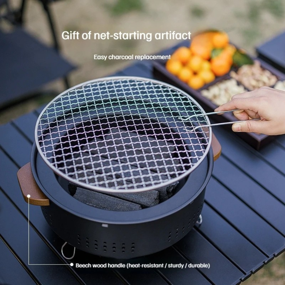 Charcoal Grill 36cm Portable Outdoor BBQ Cooking Stove with Grill Rack Beech Handles – Black