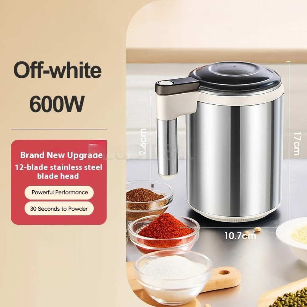 Electric Grinder 600W Stainless Steel Grain and Spice Mill 12 Blade Powder Grinder – White