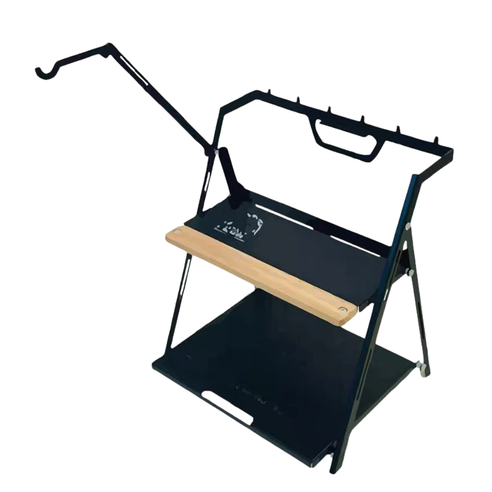 Camping Shelf Table Folding Outdoor Storage Rack with Lantern Hook – Black