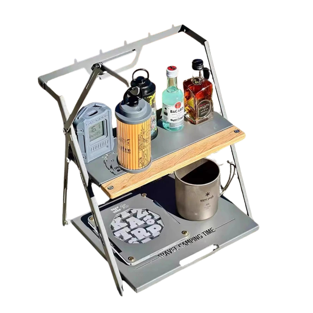 Camping Shelf Table Folding Outdoor Storage Rack with Lantern Hook – Silver