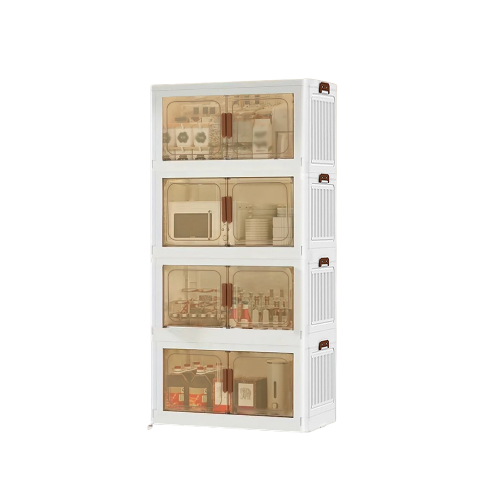 Foldable Storage Cabinet 4 Tier 50 cm Stackable Bins with Clear Doors and Wheels
