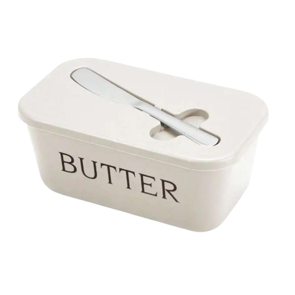 Butter Dish with Lid and Knife Airtight Plastic Butter Container Fridge - White